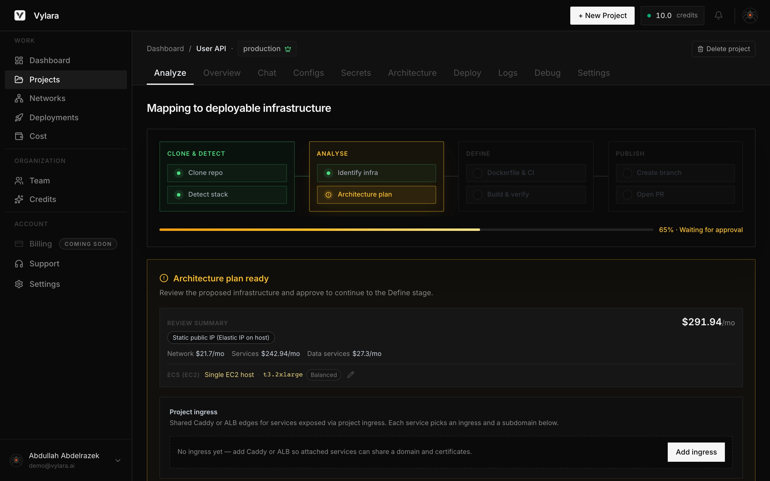 Vylara analyze view: architecture plan review with detected stack and proposed infrastructure