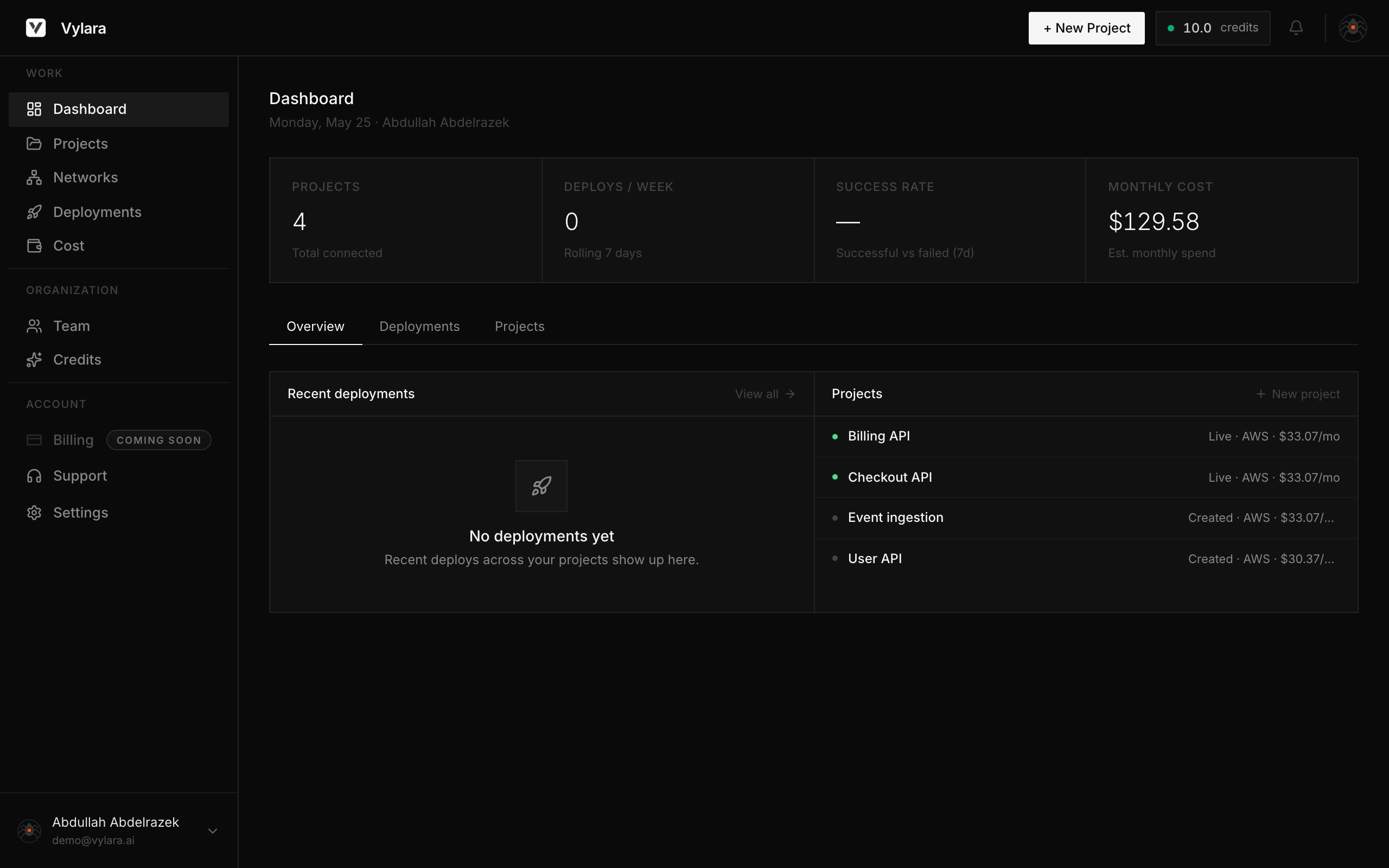 Vylara dashboard: projects overview, workspace navigation, and status at a glance